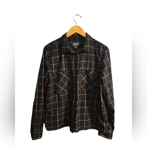 Pendleton Black and Orange Plaid Shirt Fall Winter 100% Wool Button Down Large - Picture 2 of 7